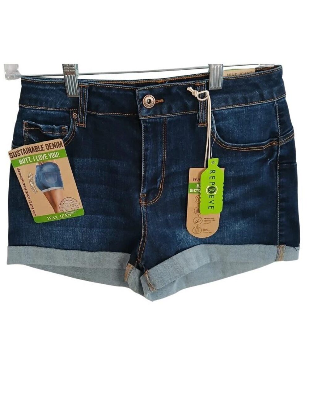 Wax Jean Womens Large Denim Shorts Sustainable Stretch Cuffed Blue New